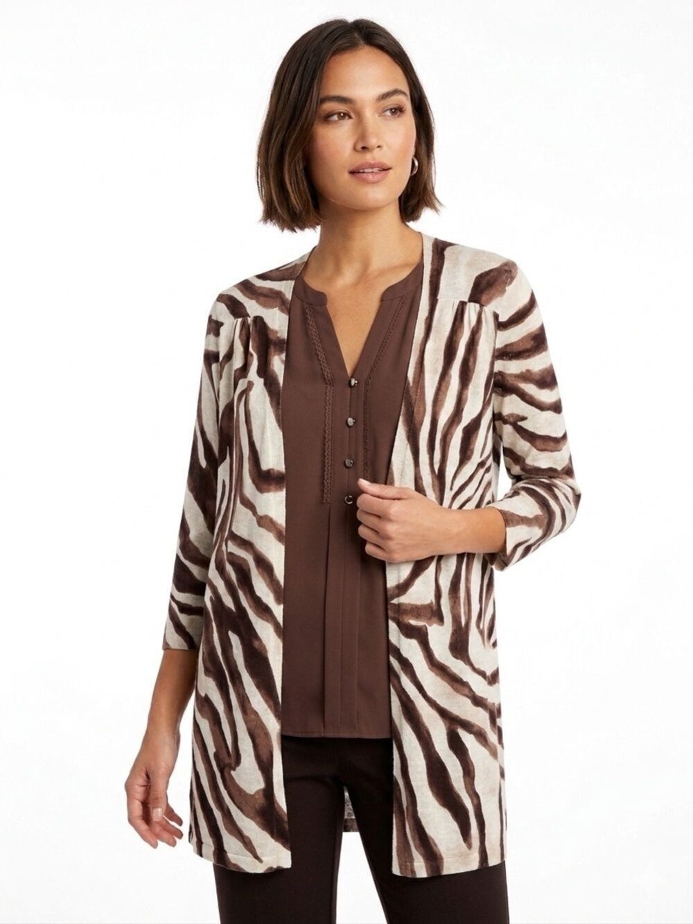 Chico's Zebra Print Open Cardigan in Brown & Cream Tones linen blend Large
